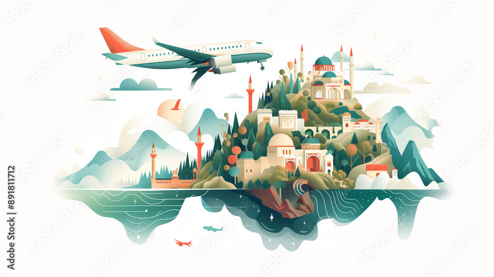 Naklejka premium Island Escape: Airplane above Island City 