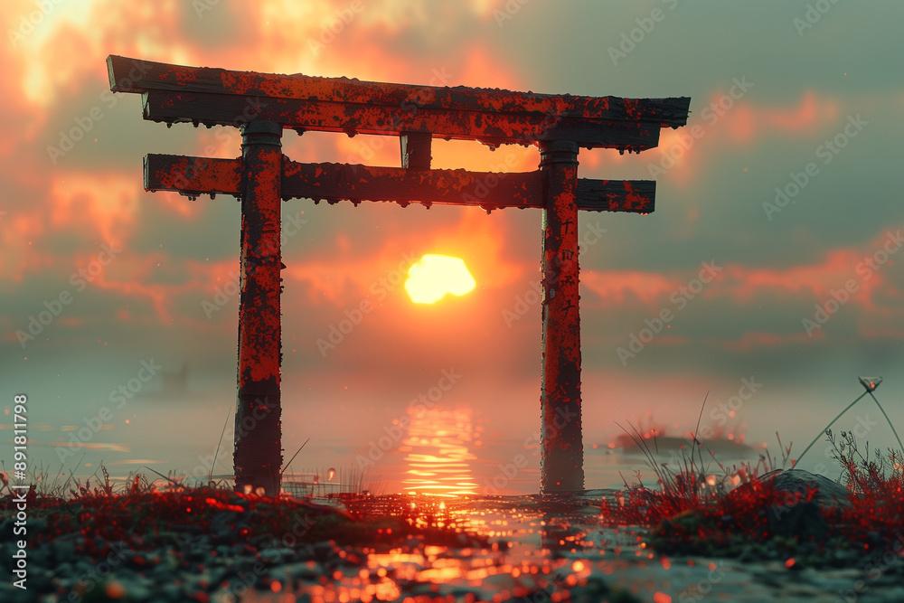 Fototapeta premium Serene Sunrise at Torii Gate 
