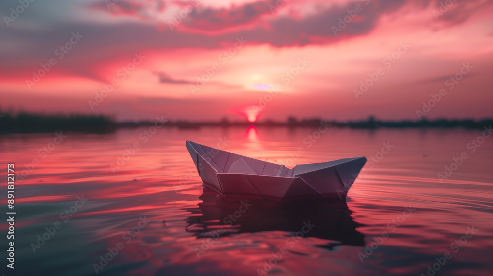 Paper Boat Sunset: A solitary paper boat drifts on a tranquil lake, bathed in the warm glow of a fiery sunset, symbolizing hope, dreams, and the passage of time. Paper Boat Sunset: A solitary paper boat drifts on a tranquil lake, bathed in the warm glow of a fiery sunset, symbolizing hope, dreams, and the passage of time.