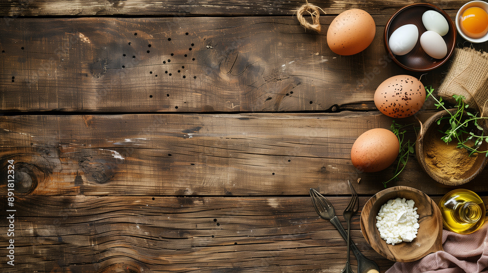 Rustic Kitchen Table: A rustic wooden table is set with eggs, butter, herbs, and other ingredients. The warm, inviting setting is perfect for showcasing recipes or cooking demonstrations. Rustic Kitchen Table: A rustic wooden table is set with eggs, butter, herbs, and other ingredients. The warm, inviting setting is perfect for showcasing recipes or cooking demonstrations.