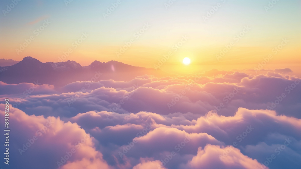 Fototapeta premium Golden Hour Above the Clouds: A breathtaking aerial view of a majestic sunrise over a sea of clouds, painting the sky in vibrant hues of pink and orange.