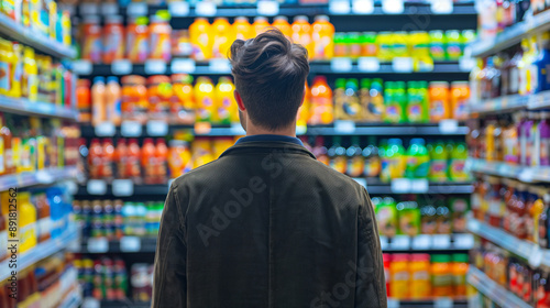 Wallpaper Mural A male customer in a supermarket, captured from behind, standing in front of a colorful shelf of goods, analyzing the prices and features of different items before selecting one. Torontodigital.ca