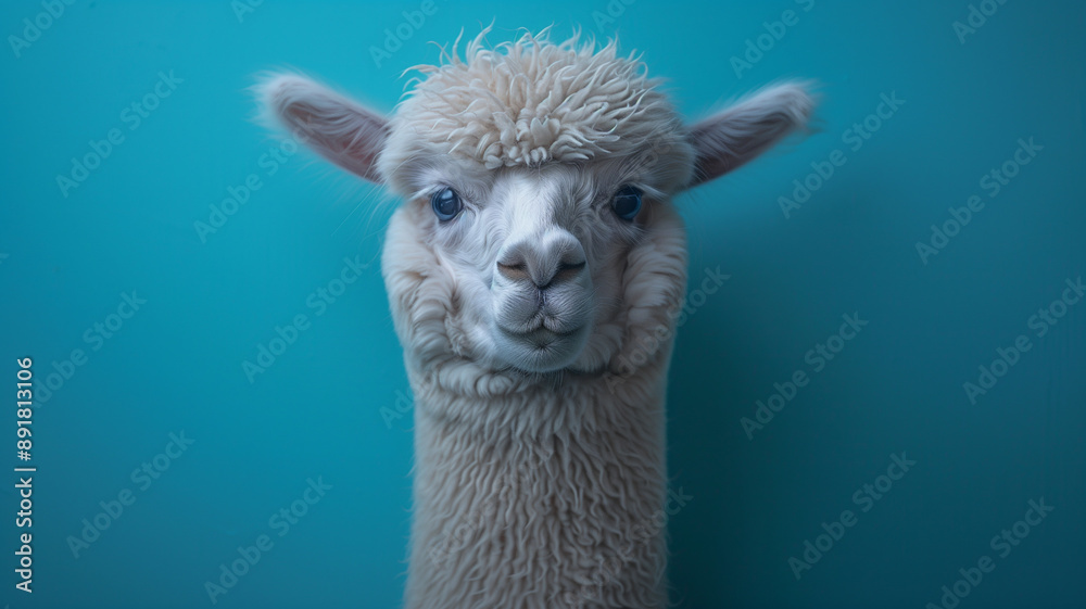 Obraz premium Alpaca Portrait: A charming white alpaca with captivating blue eyes stares directly at the camera.