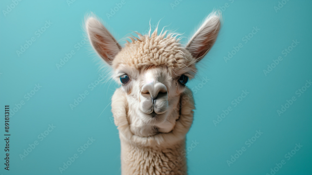 Alpaca Portrait: A fluffy alpaca with a curious expression stares directly at the camera against a vibrant turquoise background. The alpaca's soft fur and endearing features evoke warmth and charm. Alpaca Portrait: A fluffy alpaca with a curious expression stares directly at the camera against a vibrant turquoise background. The alpaca's soft fur and endearing features evoke warmth and charm.