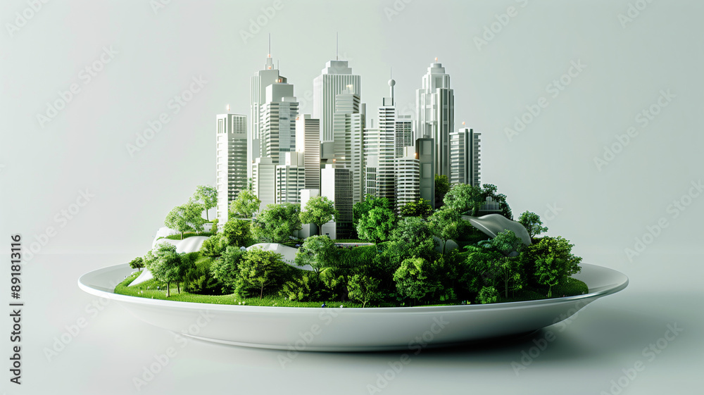 City on a Plate: A miniature cityscape nestled amidst lush greenery, elegantly presented on a pristine white plate.