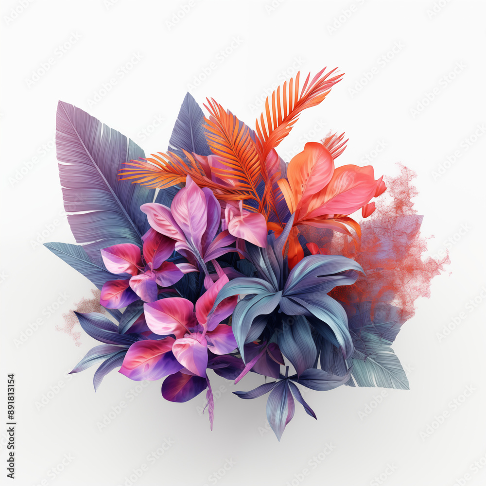 Cluster of Colourful Tropical Plants in Pastel Colours with White Background