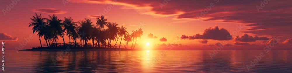 A serene paradise at sundown with vibrant colors reflected in the calm ocean waters. A serene paradise at sundown with vibrant colors reflected in the calm ocean waters.