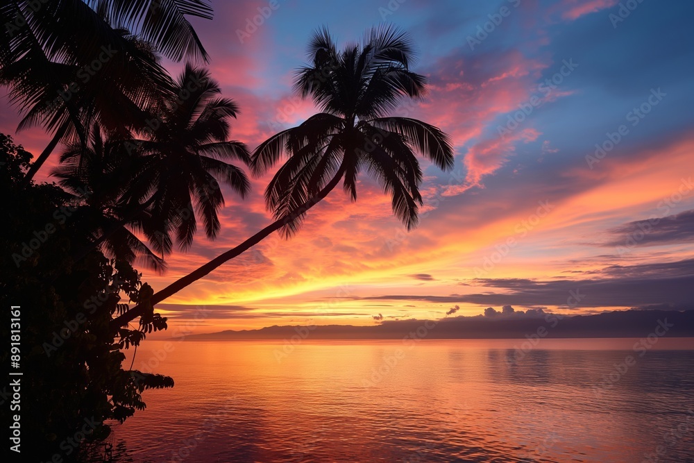 A vibrant tropical sunrise over a palm-lined shoreline with a colorful sky. A vibrant tropical sunrise over a palm-lined shoreline with a colorful sky.