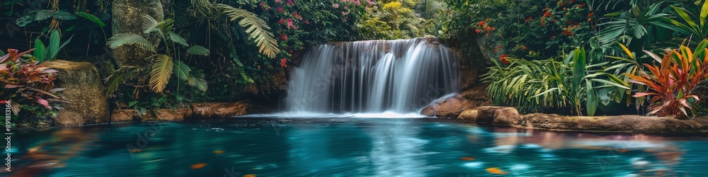 An idyllic panorama featuring the purity of a waterfall amid a tranquil rainforest setting. An idyllic panorama featuring the purity of a waterfall amid a tranquil rainforest setting.