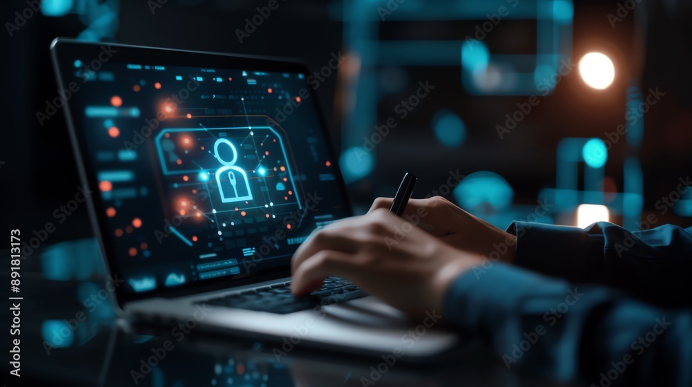 Person working on laptop with digital interface, cybersecurity concept, data protection, innovation, and technology in a modern office. Person working on laptop with digital interface, cybersecurity concept, data protection, innovation, and technology in a modern office.