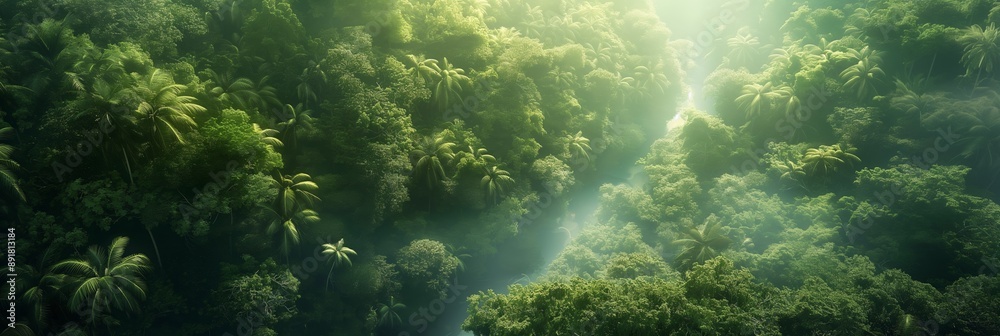 Misty rainforest with sunbeams shining through lush foliage and a scenic stream flowing through the forest.