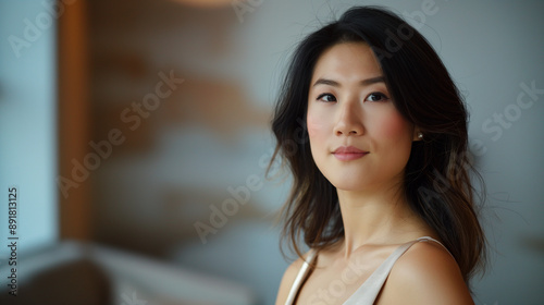 An attractive Asian woman exuding confidence and poise, wearing a chic dress, with a clean, modern background providing room for text. Free Download An attractive Asian woman exuding confidence and poise, wearing a chic dress, with a clean, modern background providing room for text. - GFXLoad