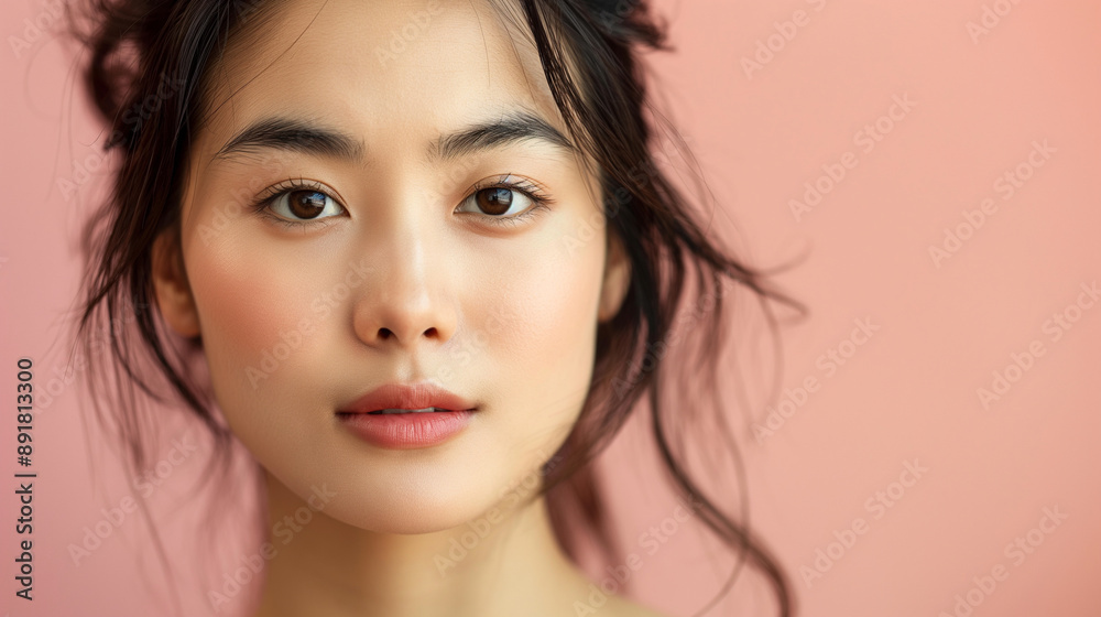 Close-up portrait of an attractive Asian model with a confident gaze, against a minimalist, light-colored background for copy space. Close-up portrait of an attractive Asian model with a confident gaze, against a minimalist, light-colored background for copy space.