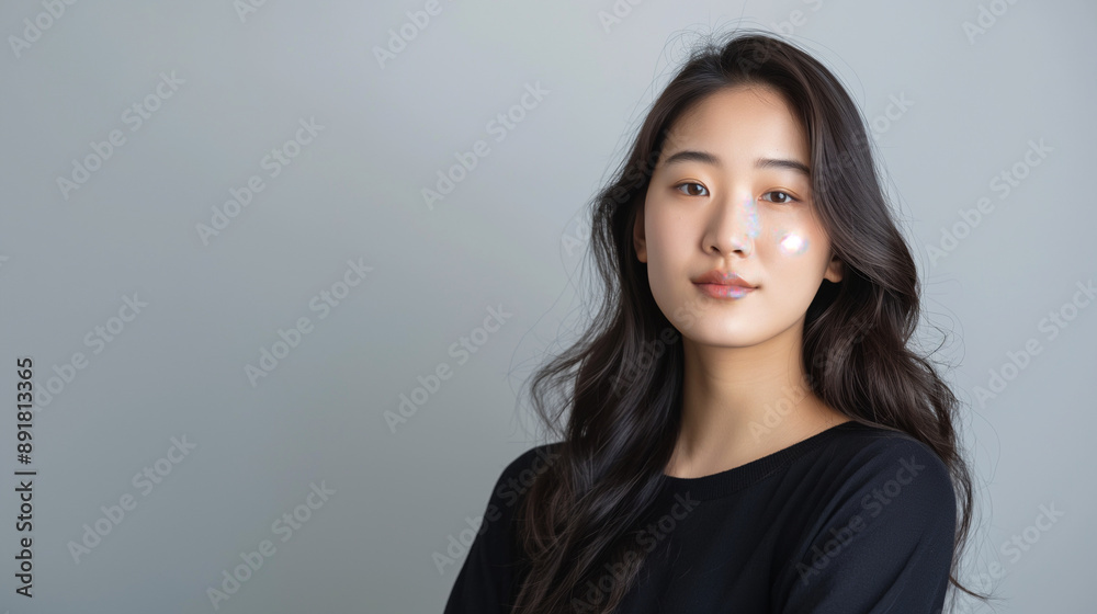 Elegant young Asian woman with a calm and confident demeanor, standing against a plain, solid-colored background that provides ample space for text.