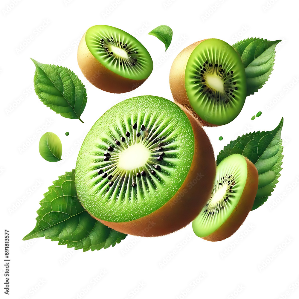 Fototapeta premium Floating Kiwis and Slices with Green Leaves on Transparent Background