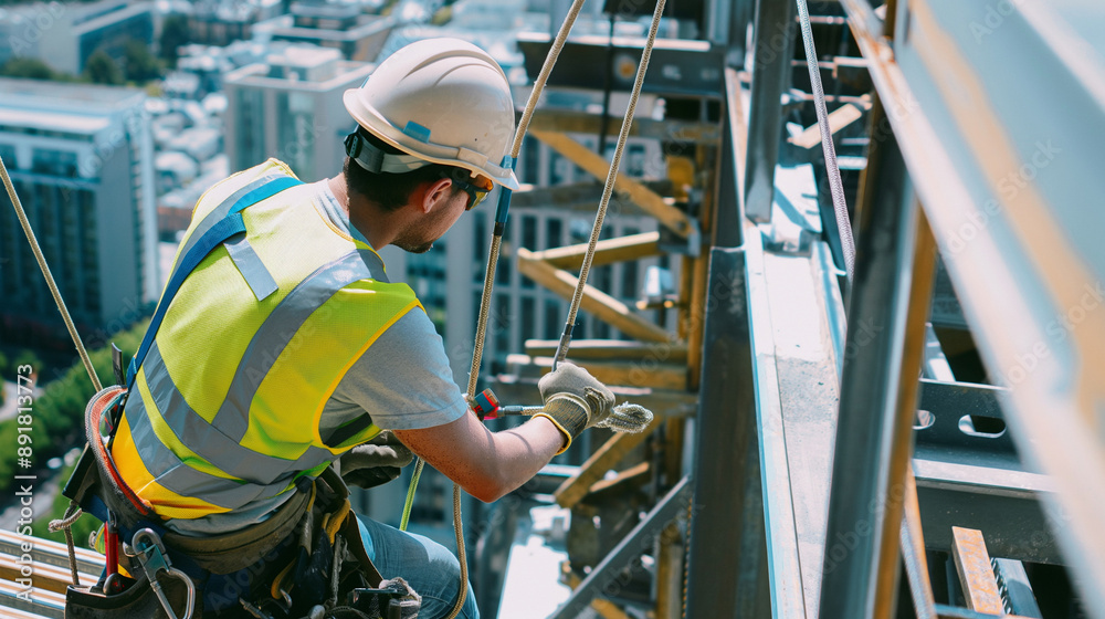 A construction worker wearing a bright yellow safety vest, hard hat, and safety harness securely fastened to a safety line, working on the steel framework of a high-rise building. A construction worker wearing a bright yellow safety vest, hard hat, and safety harness securely fastened to a safety line, working on the steel framework of a high-rise building.