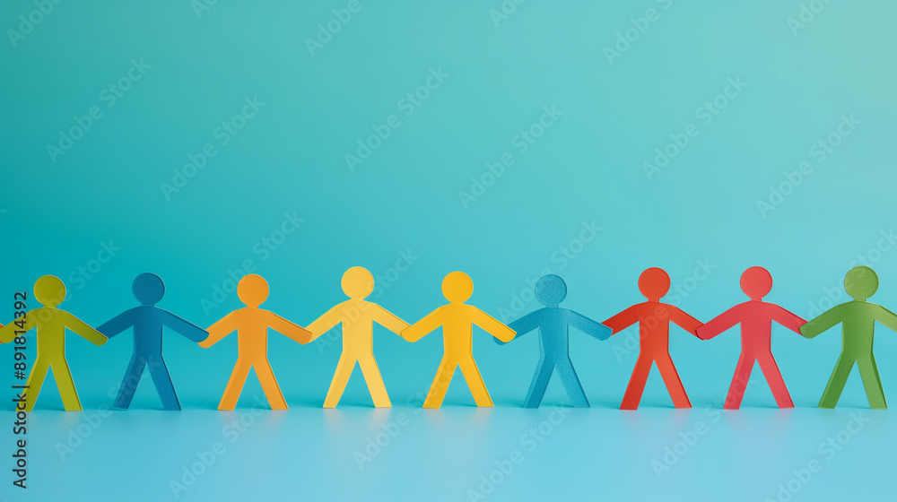 A chain of colorful paper cut out humans holding hands on a blue studio background, representing unity and diversity with each figure a different vibrant color. Row of diverse peop A chain of colorful paper cut out humans holding hands on a blue studio background, representing unity and diversity with each figure a different vibrant color. Row of diverse peop