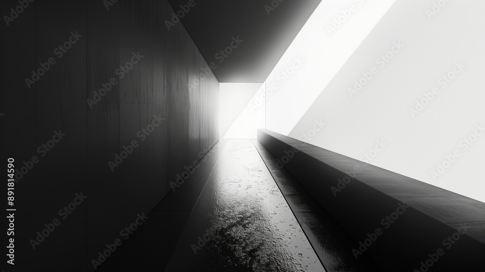 A glimmer of light at the end of a dark hallway illuminates an empty office building corridor in a 3D architectural render A glimmer of light at the end of a dark hallway illuminates an empty office building corridor in a 3D architectural render