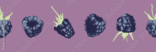 Scotch tape with blackberry pattern. Vector drawing of blackberries in style of hand drawn graphics. Dry pastel  mulberry illustrations. Fruit ribbon with seamless pattern of purple berries.
