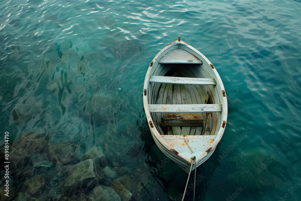 Old wooden rowboat with fishing nets rests on calm blue water Old wooden rowboat with fishing nets rests on calm blue water