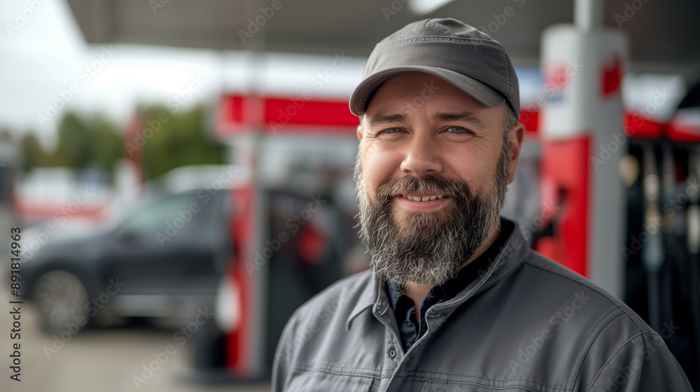Gas station worker, middle-aged with a beard, dressed in a gray uniform and cap, smiling confidently at the camera. Background features a modern car and petroleum fuel pumps. Gas station worker, middle-aged with a beard, dressed in a gray uniform and cap, smiling confidently at the camera. Background features a modern car and petroleum fuel pumps.