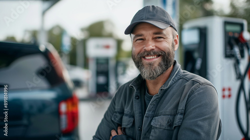 Middle-aged man with a beard, gas station employee in gray uniform and cap, smiling at the camera with a luxurious car and fuel pumps in the background.