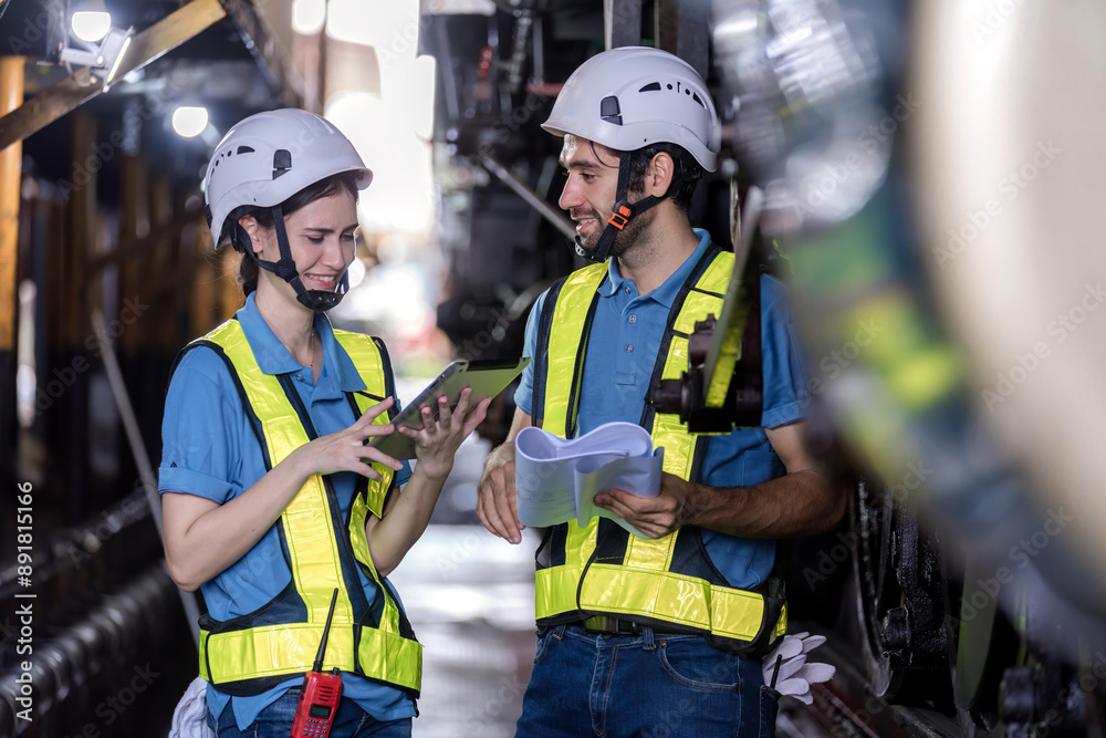 Obraz premium Engineer checking construction process railway and checking work on railroad station . Railway engineer checking machines in train station. Train engineer concept