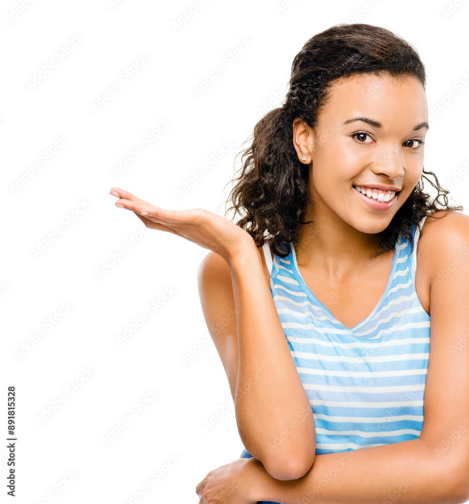 Portrait, choice and girl in studio mockup for travel, comfort and promotion for journey. Brazil woman, smile and hand gesture on white background space for option, presentation and vacation idea Portrait, choice and girl in studio mockup for travel, comfort and promotion for journey. Brazil woman, smile and hand gesture on white background space for option, presentation and vacation idea