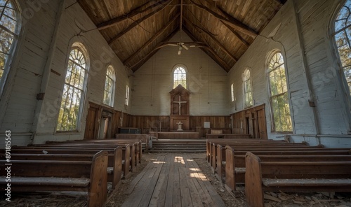 Sunlit abandoned church with wooden interior and pews