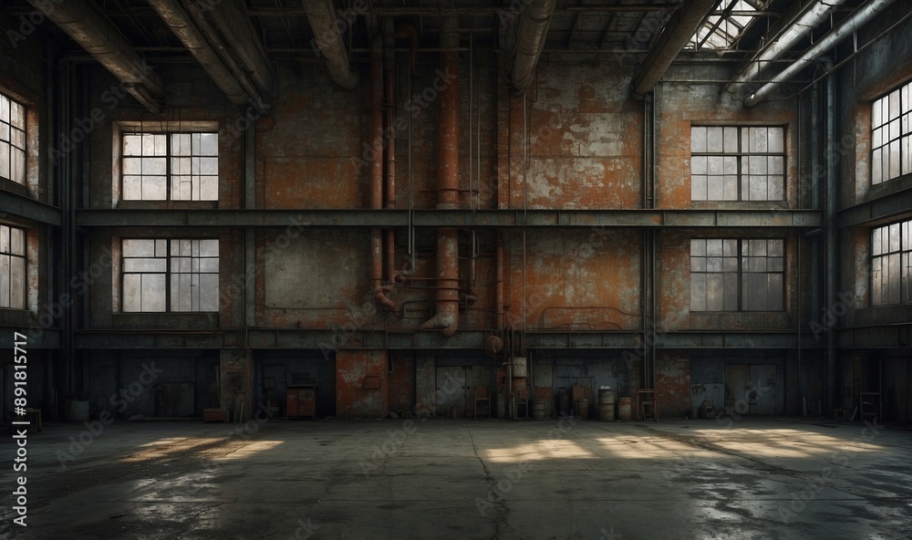 Sunlit empty warehouse interior with large windows Sunlit empty warehouse interior with large windows