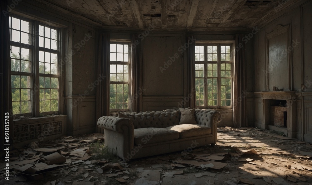 Decayed room with sofa, multiple windows and sunlight Decayed room with sofa, multiple windows and sunlight
