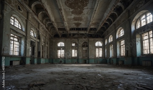 Expansive abandoned hall with peeling paint and debris © Heruvim