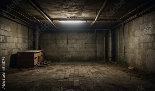 Dank, poorly lit basement with an old wooden cupboard © Heruvim