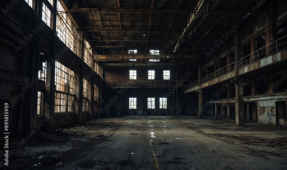 Vast empty warehouse with high ceilings, old windows Vast empty warehouse with high ceilings, old windows