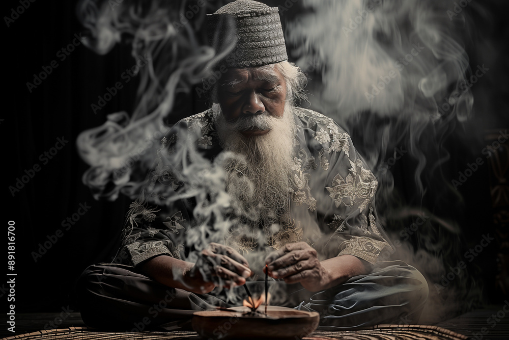 Fototapeta premium A traditional male magician or healer wearing a hat and robes. Witch doctor surrounded by mysterious fog performing magic. 