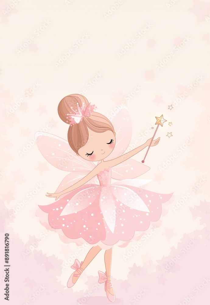 Elegant fairy princess in pink with star wand and sparkling crown, greeting card for little girl Elegant fairy princess in pink with star wand and sparkling crown, greeting card for little girl