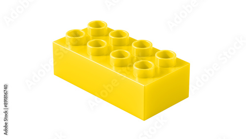 Gold Plastic Lego Block Isolated on a White Background. Children Toy Brick, Perspective View. Close Up View of a Game Block for Constructors. 3D illustration. 8K Ultra HD, 7680x4320, 300 dpi