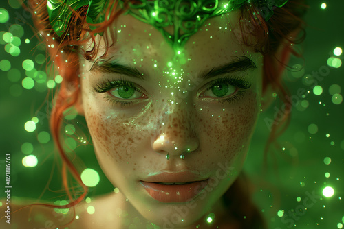 Close up of a woman dressed as a green fairy with stunning green eyes and a sparkling tiara. Tinkerbell adult dress up costume idea. photo