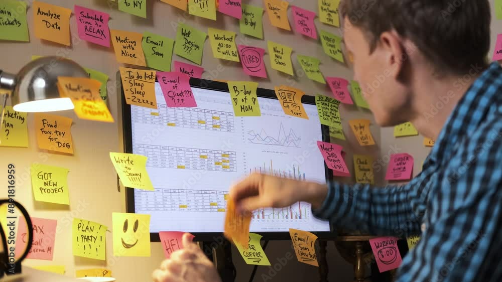 Young man adding colorful sticky notes on the screen of computer at desk in a work space surrounded by colorful papers. Time organization and planning concept Young man adding colorful sticky notes on the screen of computer at desk in a work space surrounded by colorful papers. Time organization and planning concept