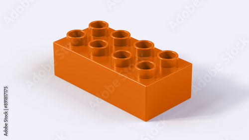 Burnt Orange Plastic Lego Block on a White Background. Children Toy Brick, Perspective View. Close Up View of a Game Block for Constructors. 3D Rendering. 8K Ultra HD, 7680x4320, 300 dpi