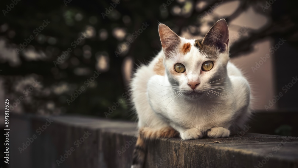 A cat with yellow eyes sitting on a ledge looking at the camera, AI A cat with yellow eyes sitting on a ledge looking at the camera, AI