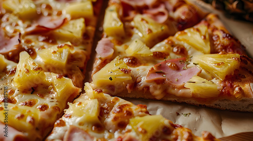 Slice of pizza topped with pineapple and ham