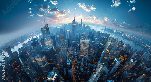 Aerial View of a Vibrant Megalopolis at Dusk with Skyscrapers and City Lights, Urban Landscape, Modern Architecture, Dynamic City Life, Sunset Skyline, Metropolis Panorama, Global Financial Hub