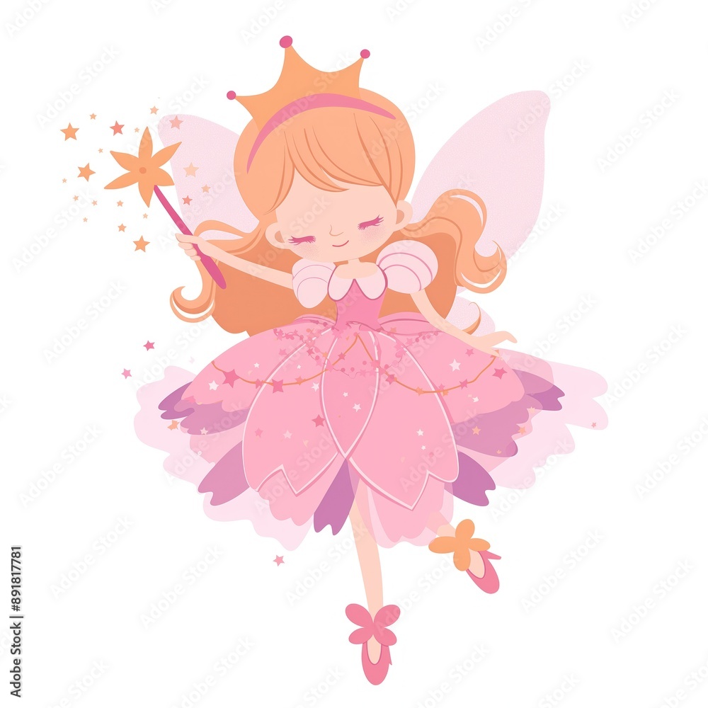 Delicate fairy princess in pink dress with magical wand, for enchanting children's cards illustrations Delicate fairy princess in pink dress with magical wand, for enchanting children's cards illustrations