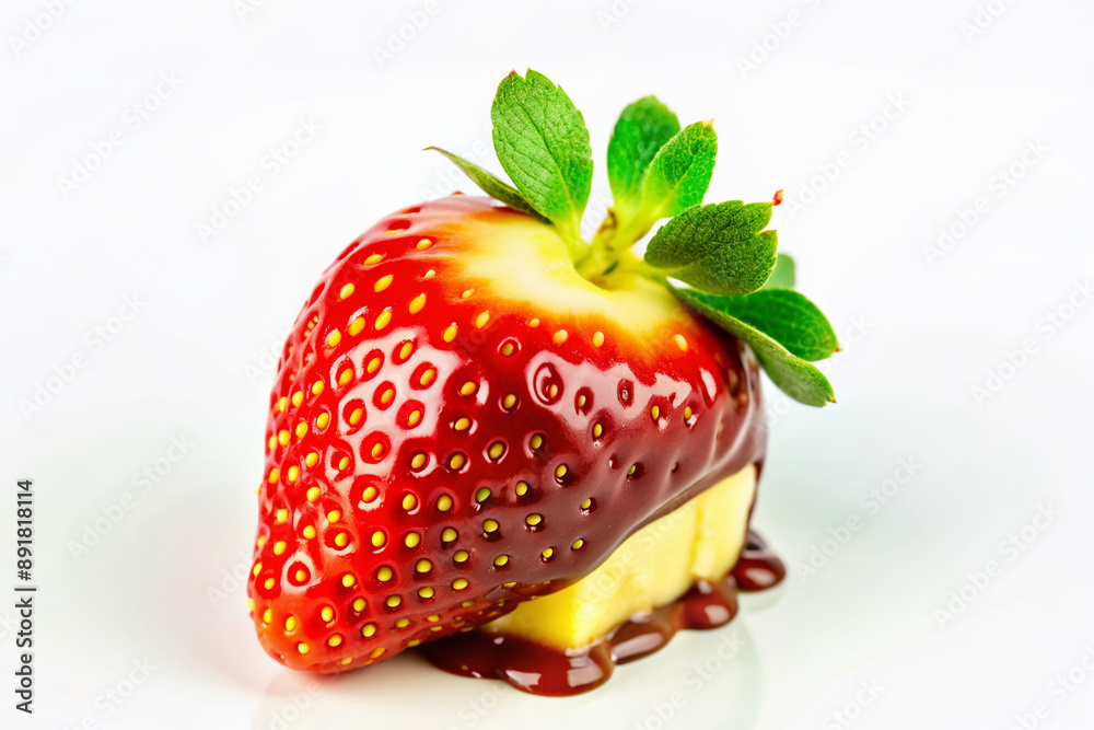 Φωτογραφία Fresh juicy strawberry slice perfectly dipped in rich velvety chocolate, glistening with sweetness, isolated on a crisp white background, evoking indulgent delight