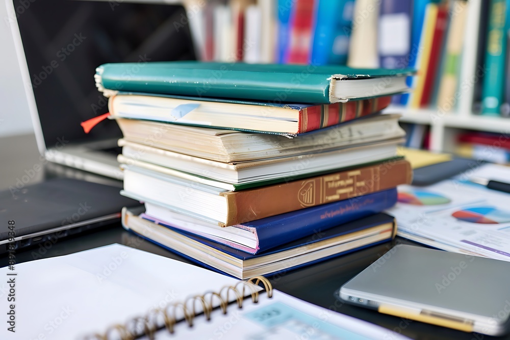 A stack of business management books and business strategy notebooks, with financial reports and a laptop on a business consultant's desk. A stack of business management books and business strategy notebooks, with financial reports and a laptop on a business consultant's desk.