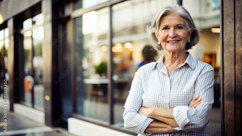 Elderly woman stands confidently with arms crossed outside a modern storefront, blurry background, natural light, and warm colors evoking a sense of optimism and independence. Elderly woman stands confidently with arms crossed outside a modern storefront, blurry background, natural light, and warm colors evoking a sense of optimism and independence.