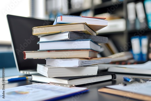 A stack of business management books and business strategy notebooks, with financial reports and a laptop on a business consultant's desk.