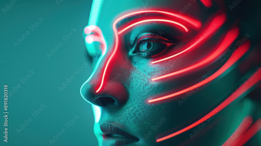A surreal portrait where neon lights outline the contours of a face, symbolizing futuristic themes of artificial intelligence and technological evolution in a visually striking composition. A surreal portrait where neon lights outline the contours of a face, symbolizing futuristic themes of artificial intelligence and technological evolution in a visually striking composition.