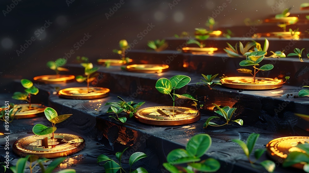 Golden coins with green plants growing in steps, dark background, business success concept,